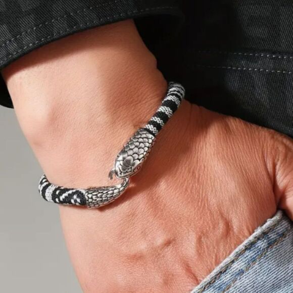 Men's Blue Striped Metal Snake Bracelet Hook Closure - Picture 2 of 6